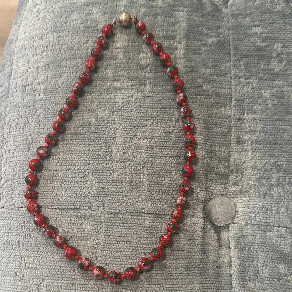 Vintage Red Cloisonné Bead Necklace